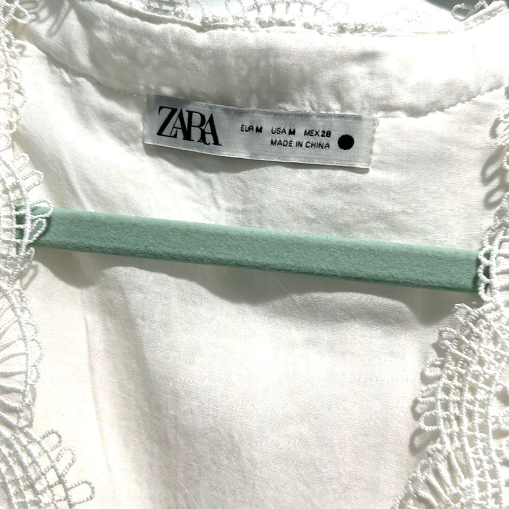 Zara Women Dress Lace White Linen Medium Short Stretch A-Line 3/4 Sleeve V Neck
